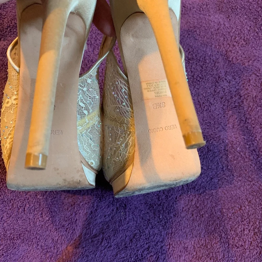 BCBG MAXZARIA Tan Embellished Lace Platform High Slingback Sandals sz 8.5 B